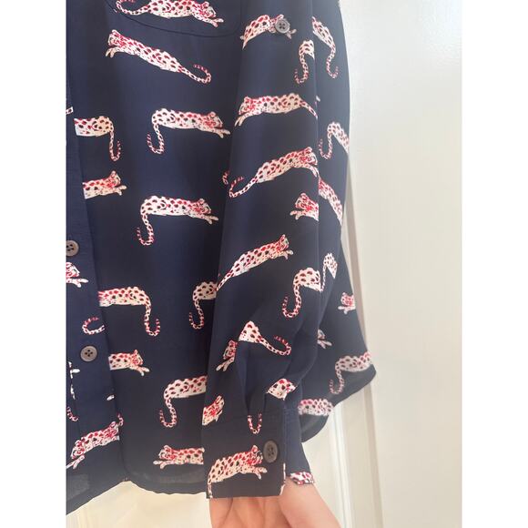 Loft Sheer Navy Collar Button Down Leopard Cat Novelty Print Blouse - Picture 6 of 8